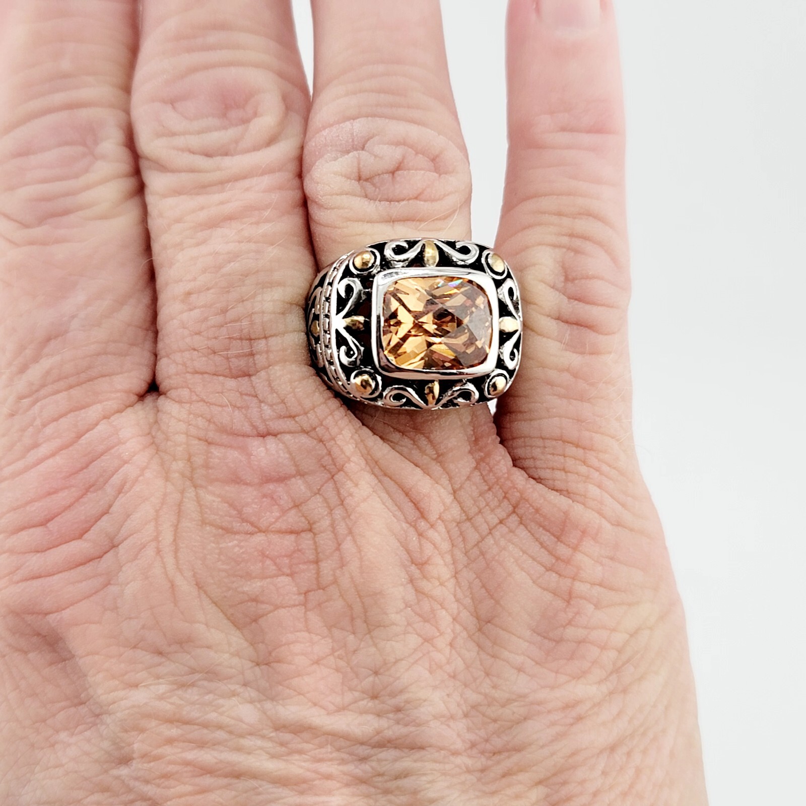 Vtg Ring Sz 6 Citrine Topaz Amber Cubic Zirconia Medieval Jewelry Flower A#04