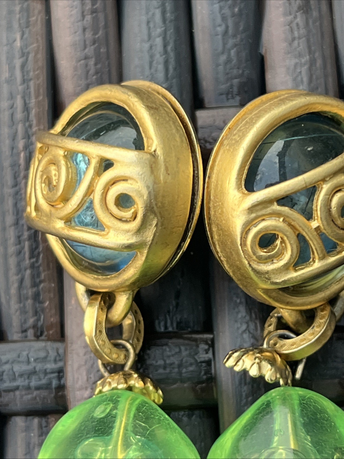 Vintage 1980s Artisan Drop Post Earrings Multi Colored Metal Work Gold Tone