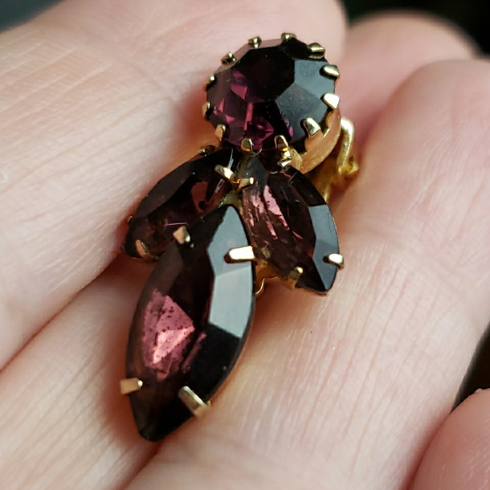 Vintage Purple Cluster Navette Prong Earrings Clip On Gold Tone