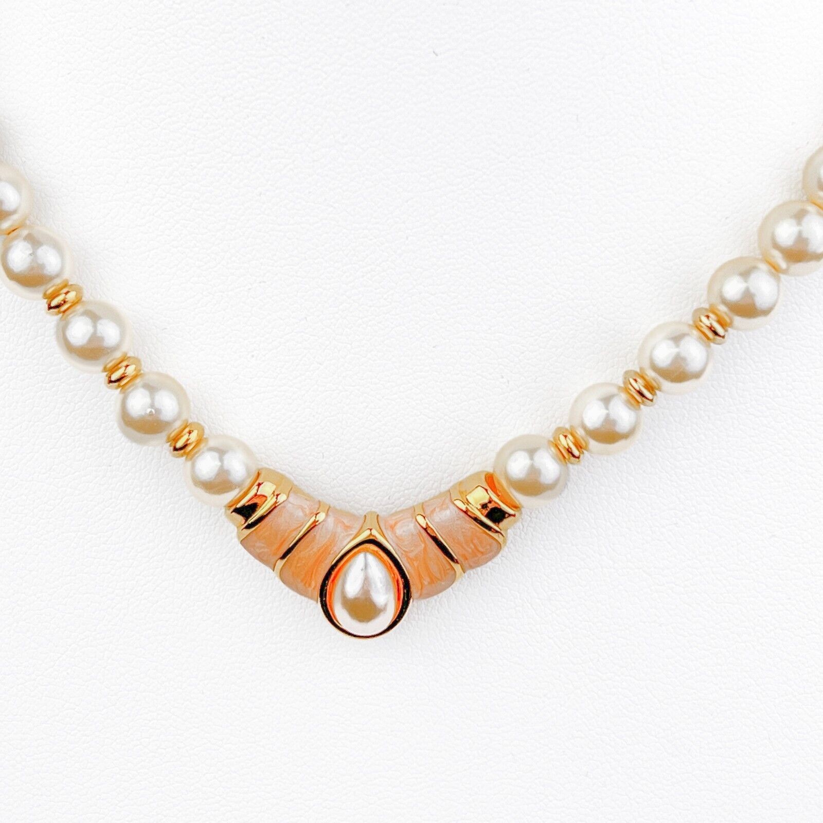 Napier Necklace Faux Pearl Light Pink Swirl Enamel Gold Tone Plate Signed Vtg
