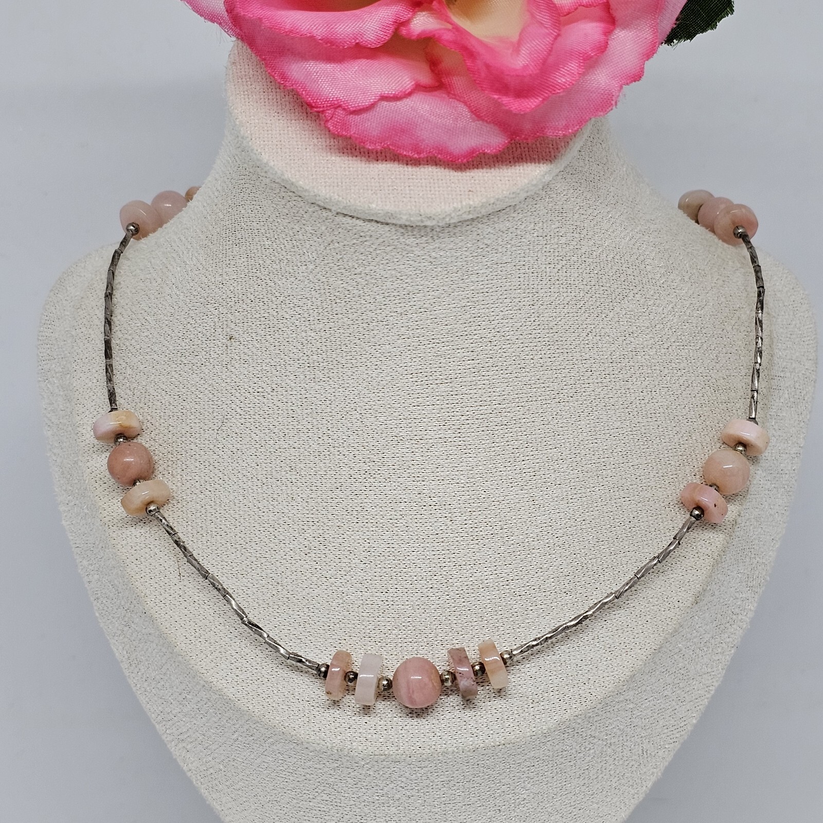 925 Sterling Silver – Round Pink Agate Beaded Chain Choker Necklace 16.5″ Long