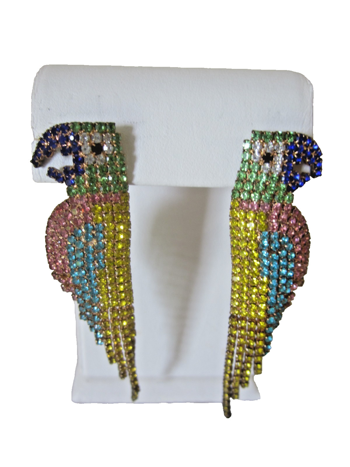 Vtg. Macaw Parrot Earring Crystal Rhinestone Dangle Statement 3.5” Long Gorgeous