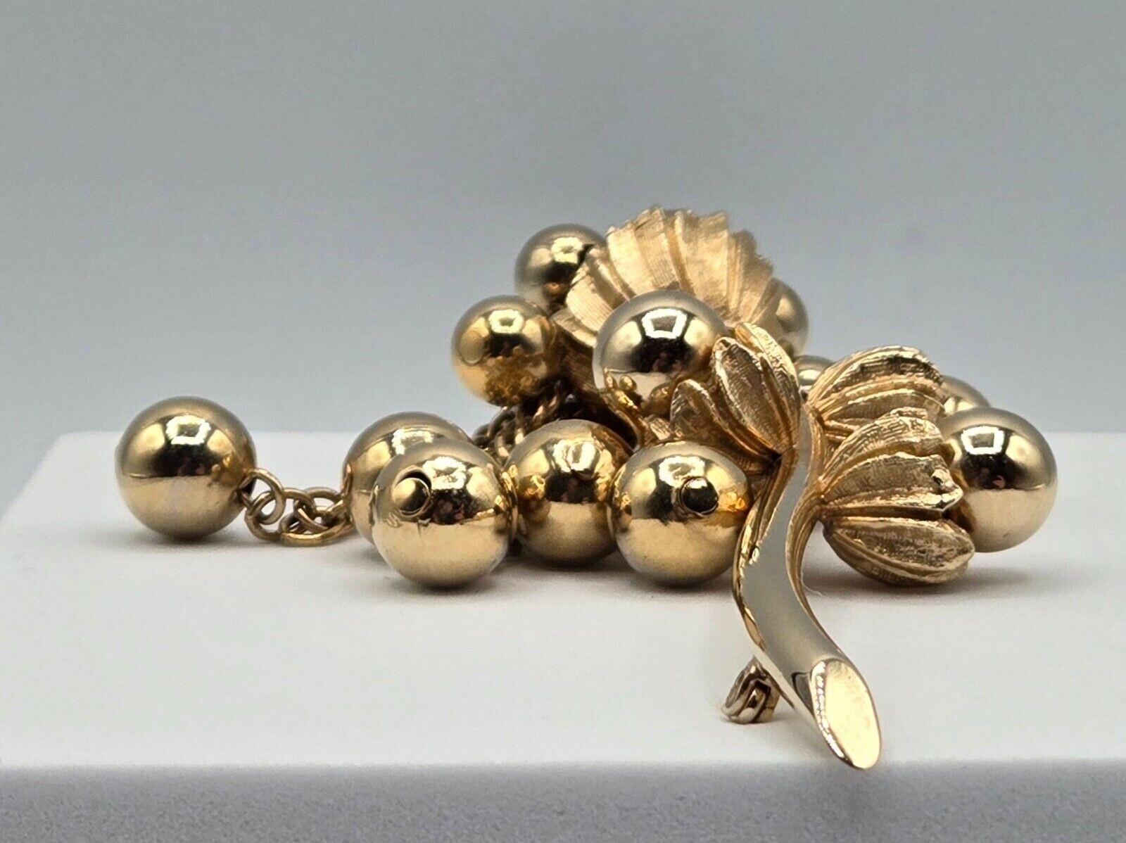 Flower Stem Brooch Gold Tone W/ Chain Tassels & Beads Unsigned Large 3D