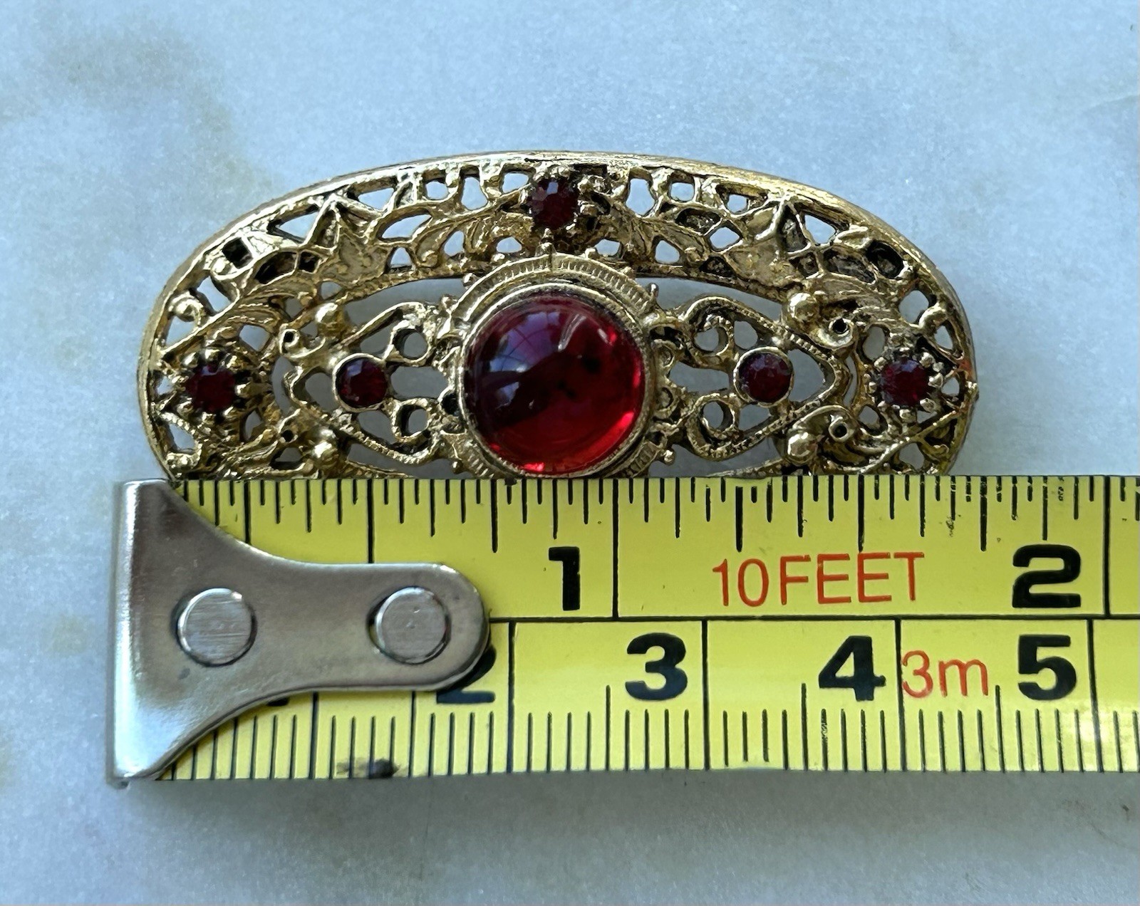 Vintage Victorian Revival Red Cabochon Rhinestone Gold Tone Filigree Brooch Pin