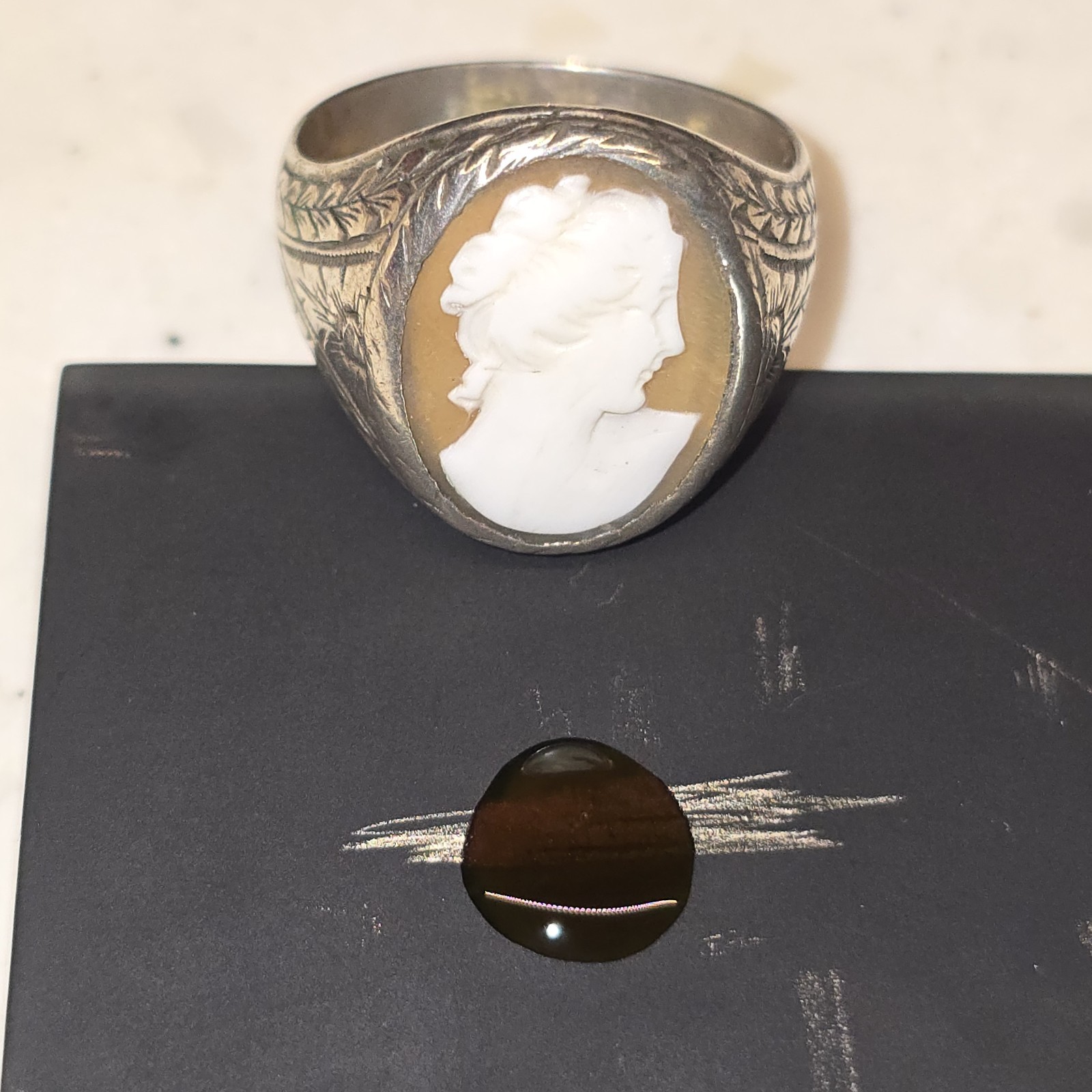 Vintage 925 Sterling Silver Shell Cameo Ring Hand‑Carved Portrait Sz 10.75