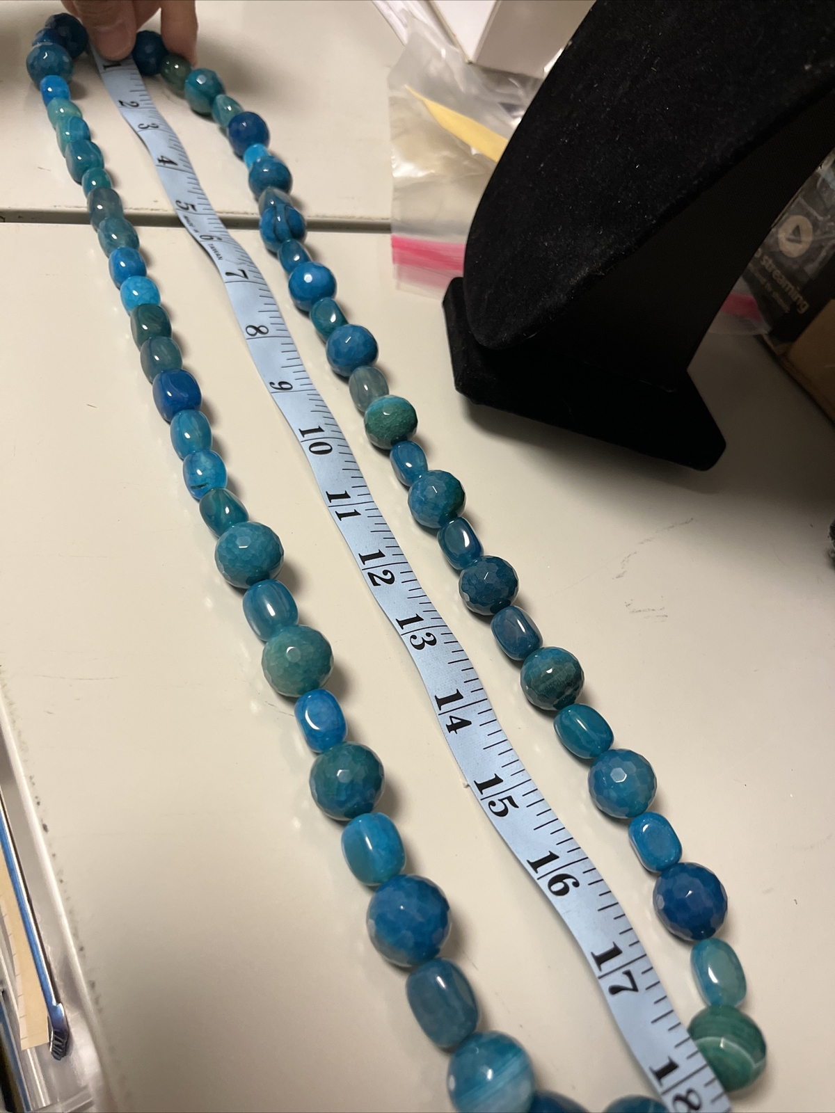 NATURAL BLUE ROUND FACETED MINERAL STONE BEADS NECKLACE AGATE BEADED HSN 314g