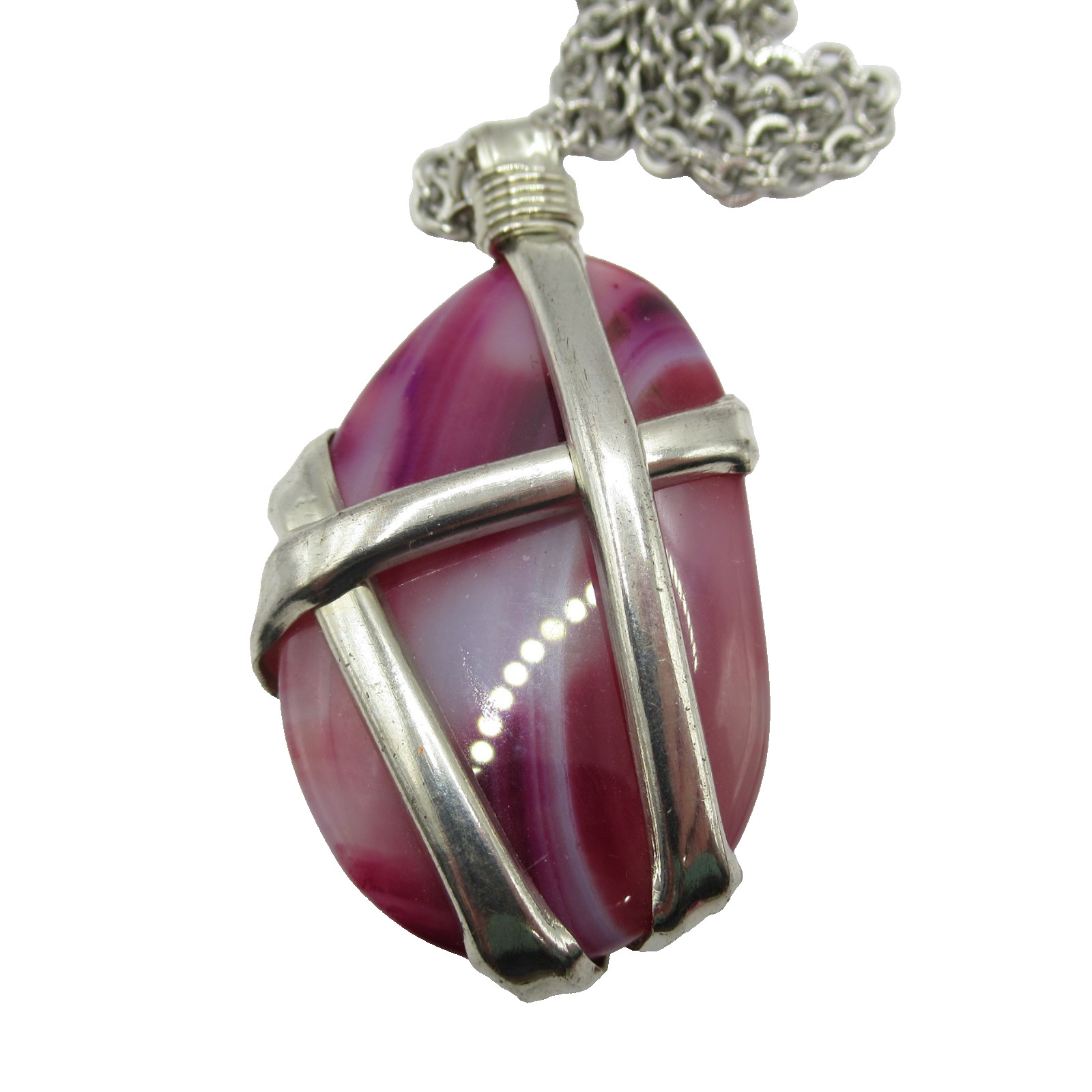 Purple Pink White Gemstone w Silver Tone Cage Style Design Vintage Necklace
