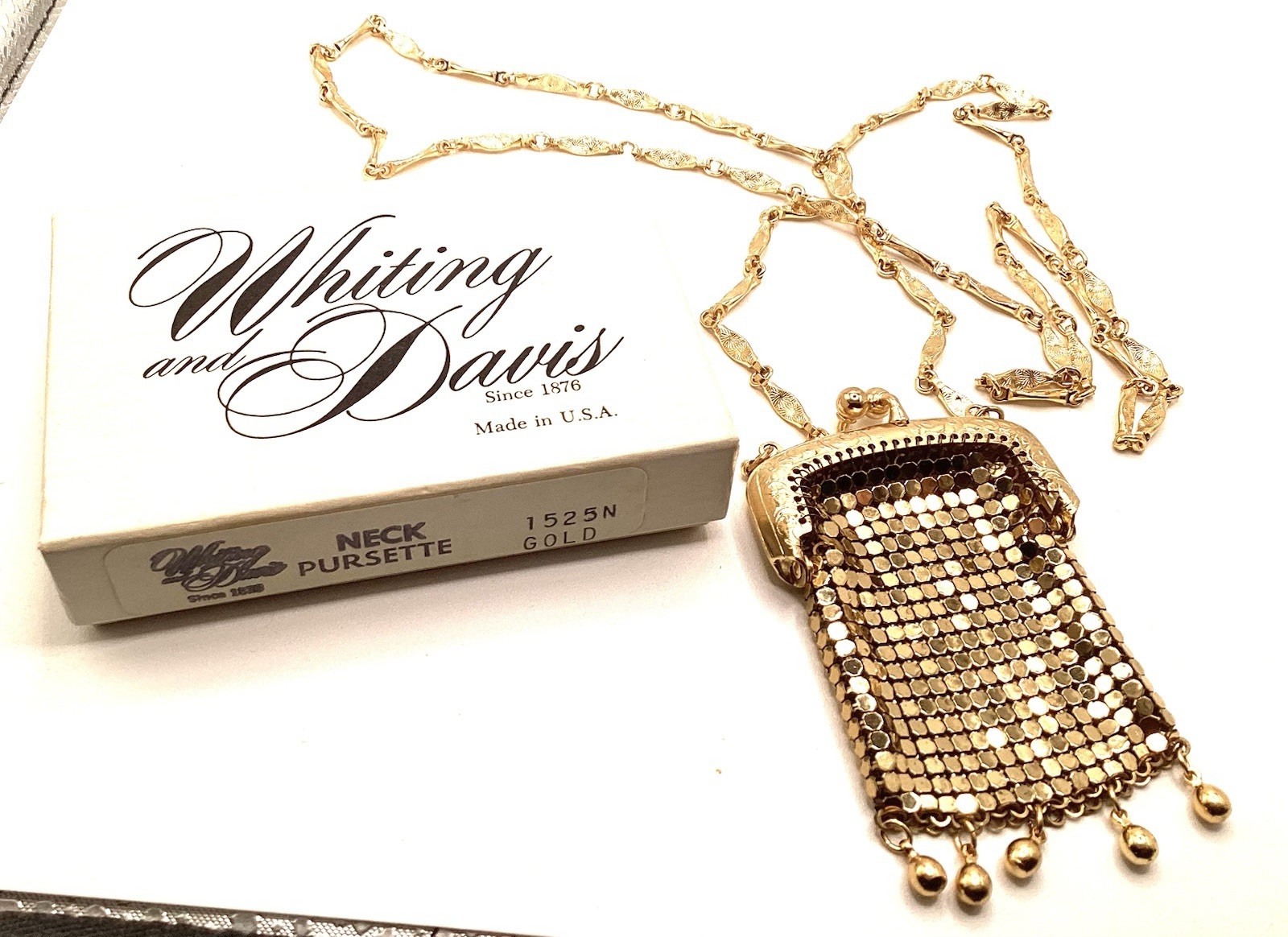 Vintage Gold Tone Mesh Chatelaine Purse Necklace Whiting Davis Pursette 1960s