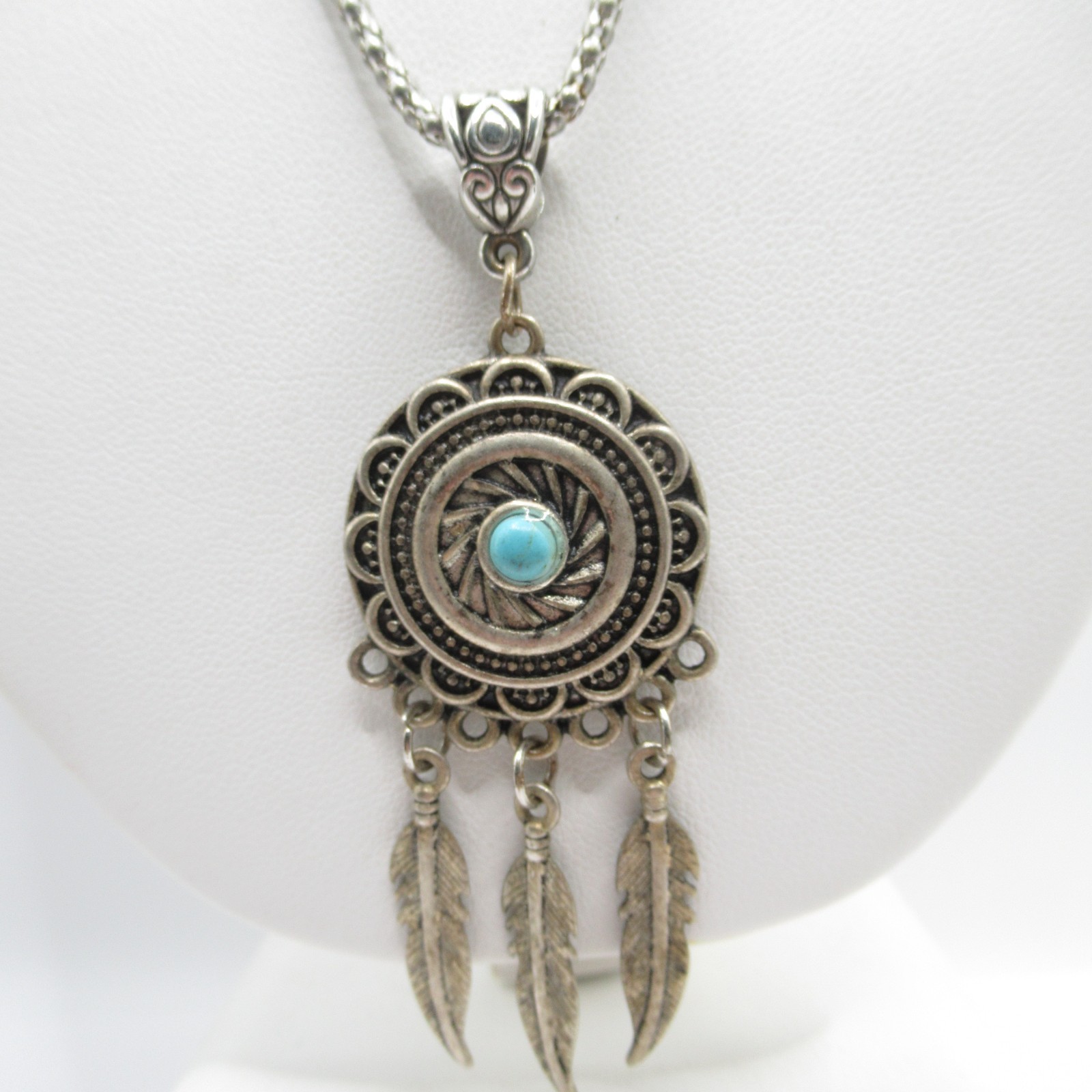 South Western Style Pendant Necklace Faux Turquoise Feathers