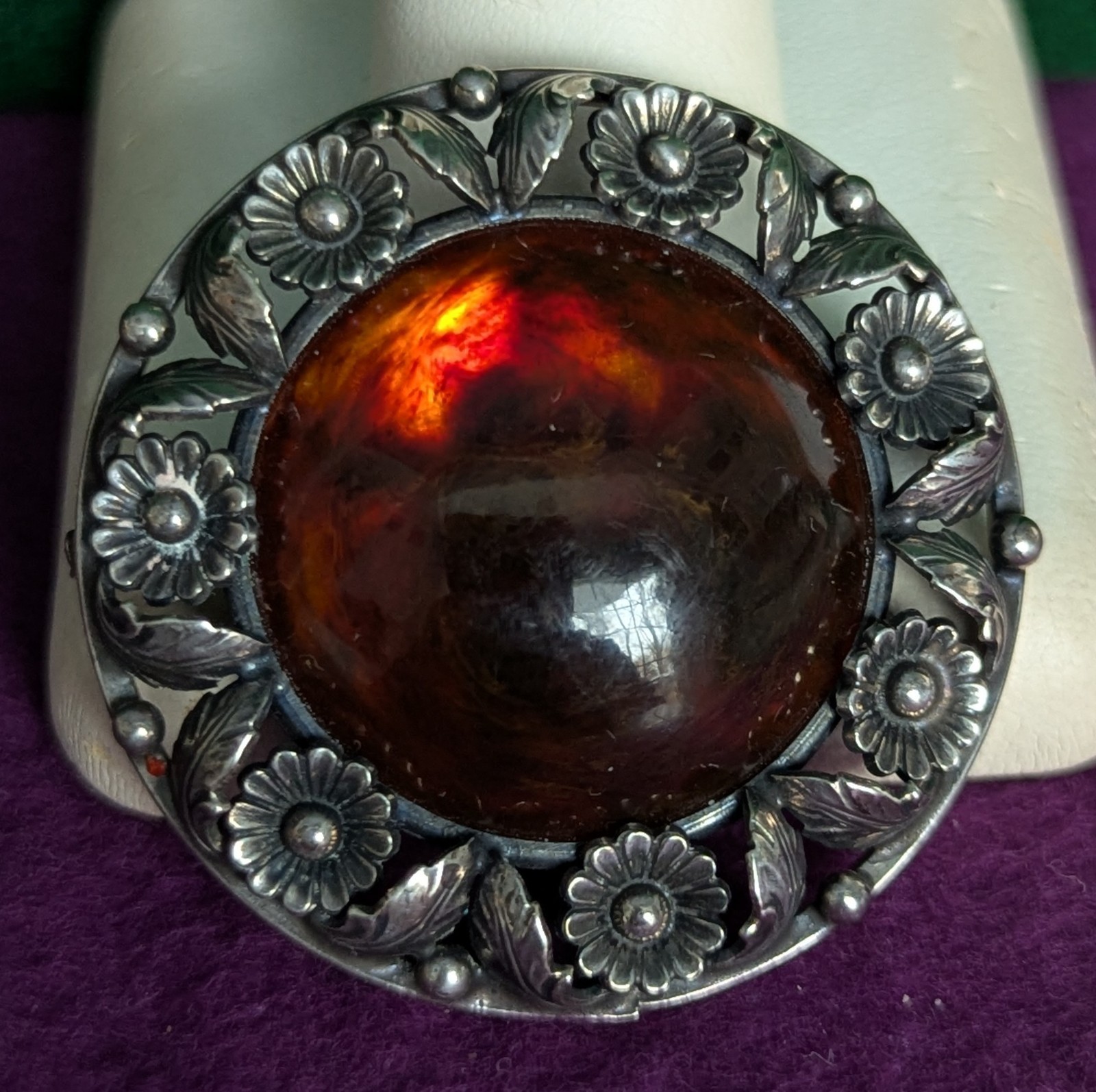 Vintage Sterling Silver Denmark NE FROM Amber Round Floral Pin Brooch Neils Erik