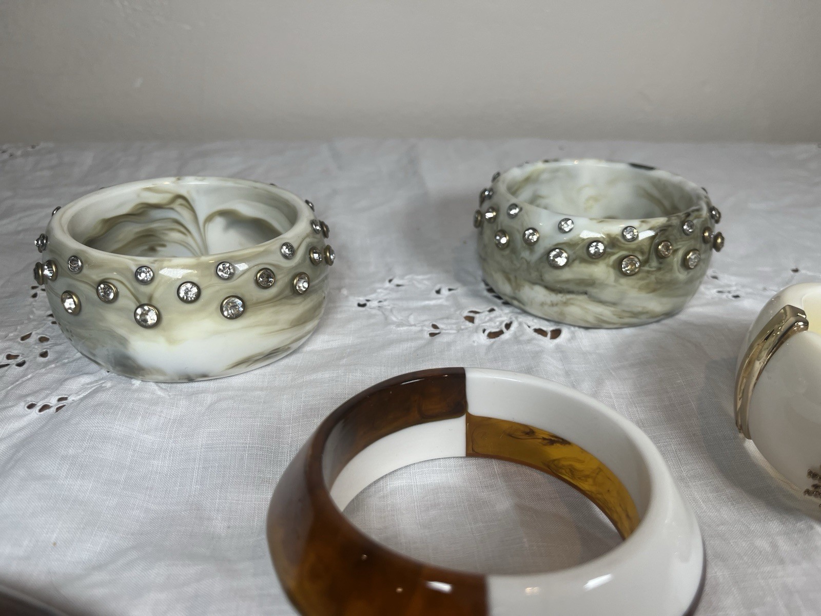 Lot of 7 Chunky Lucite Bangle Bracelets, Clamper, Rhinestones, Earthtones