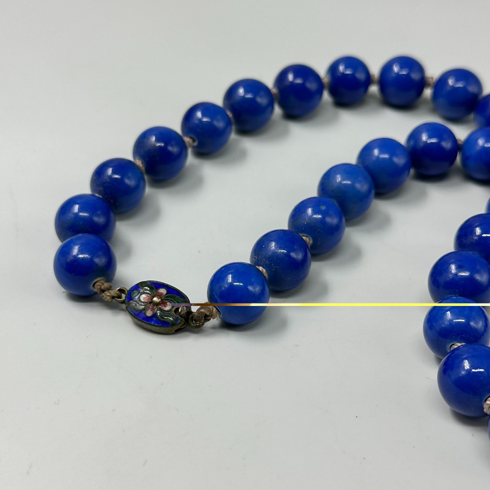 Vintage Chinese Peking Blue Glass Bead Necklace Hand Knotted Cloisonne Clasp 26″