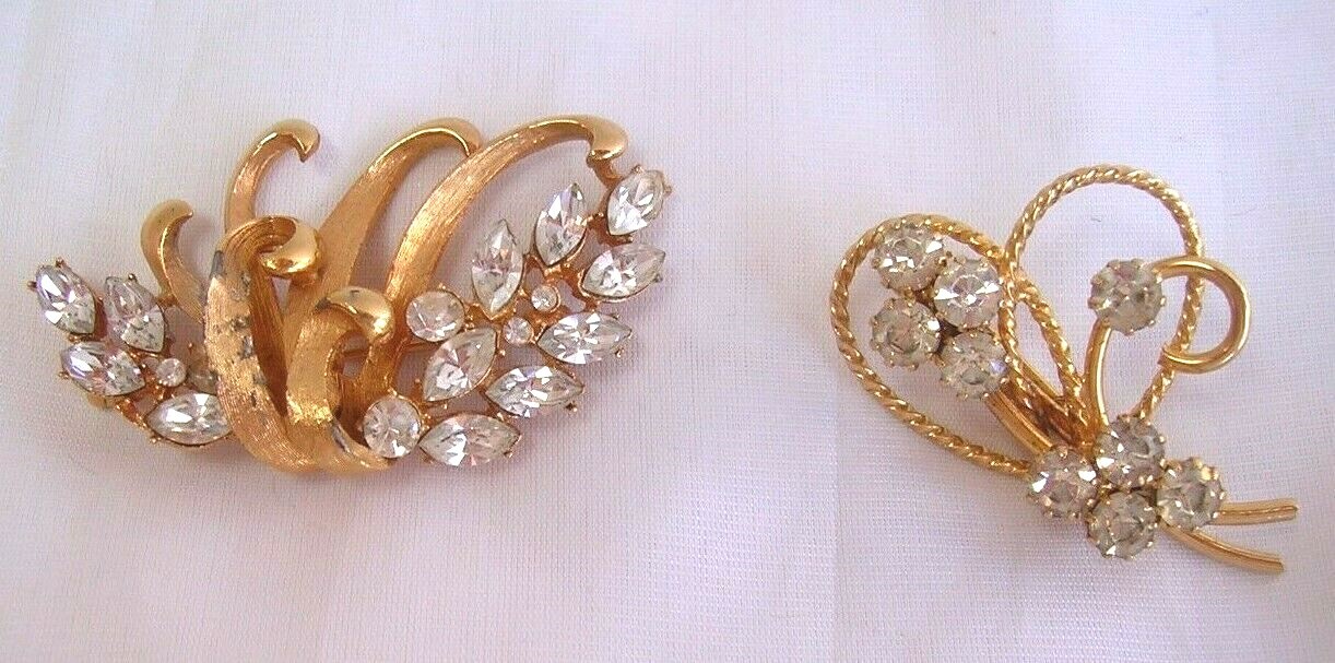 2 Vintage Broochs-BSK/White Rhinestones Brooch/with Gold Trim 2 1/4″ across-11/2
