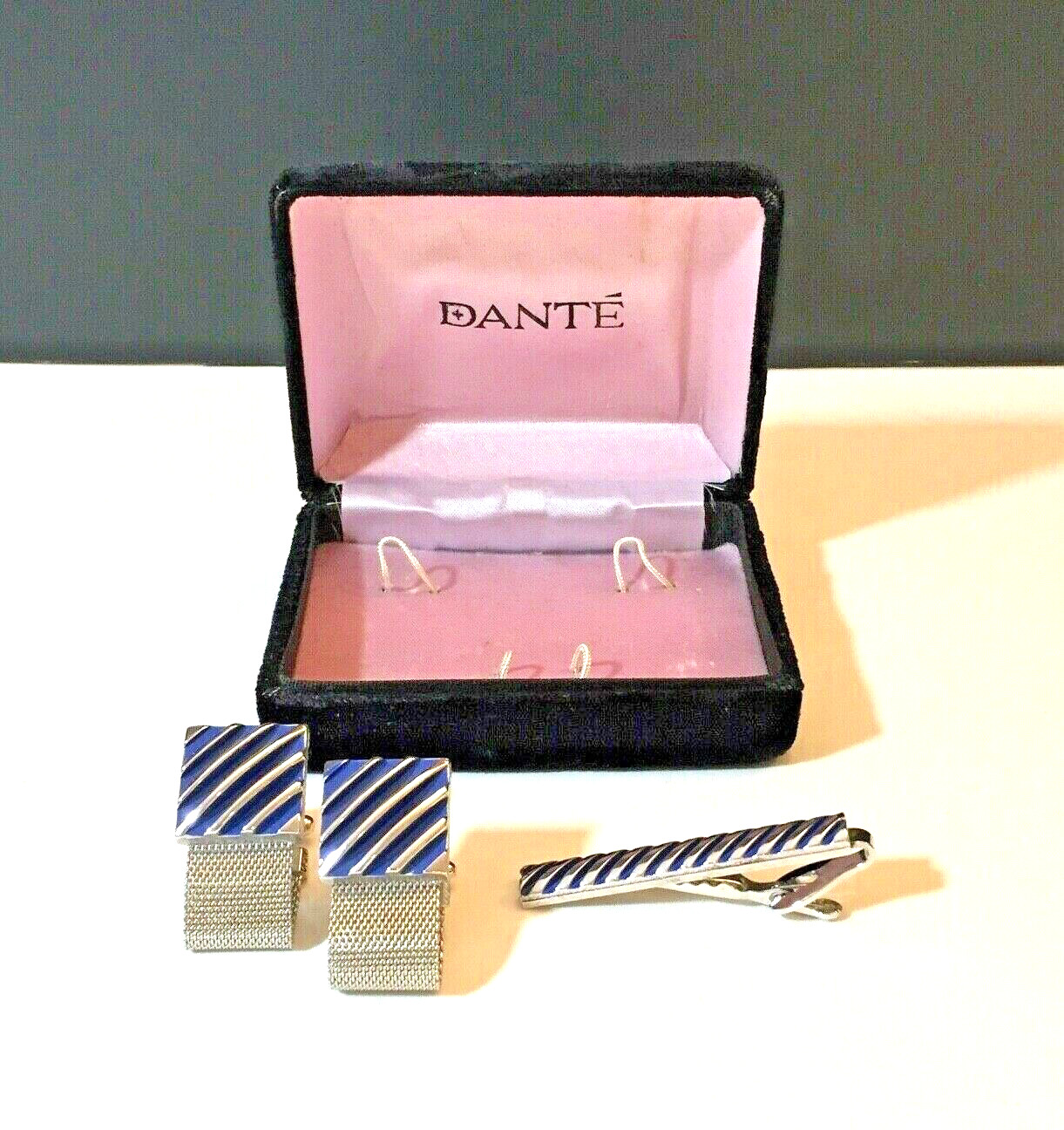 MCM Dante Cuff Links & Tie Clip Set Mesh Wrap Blue Enamel Stripe Wedding Formal