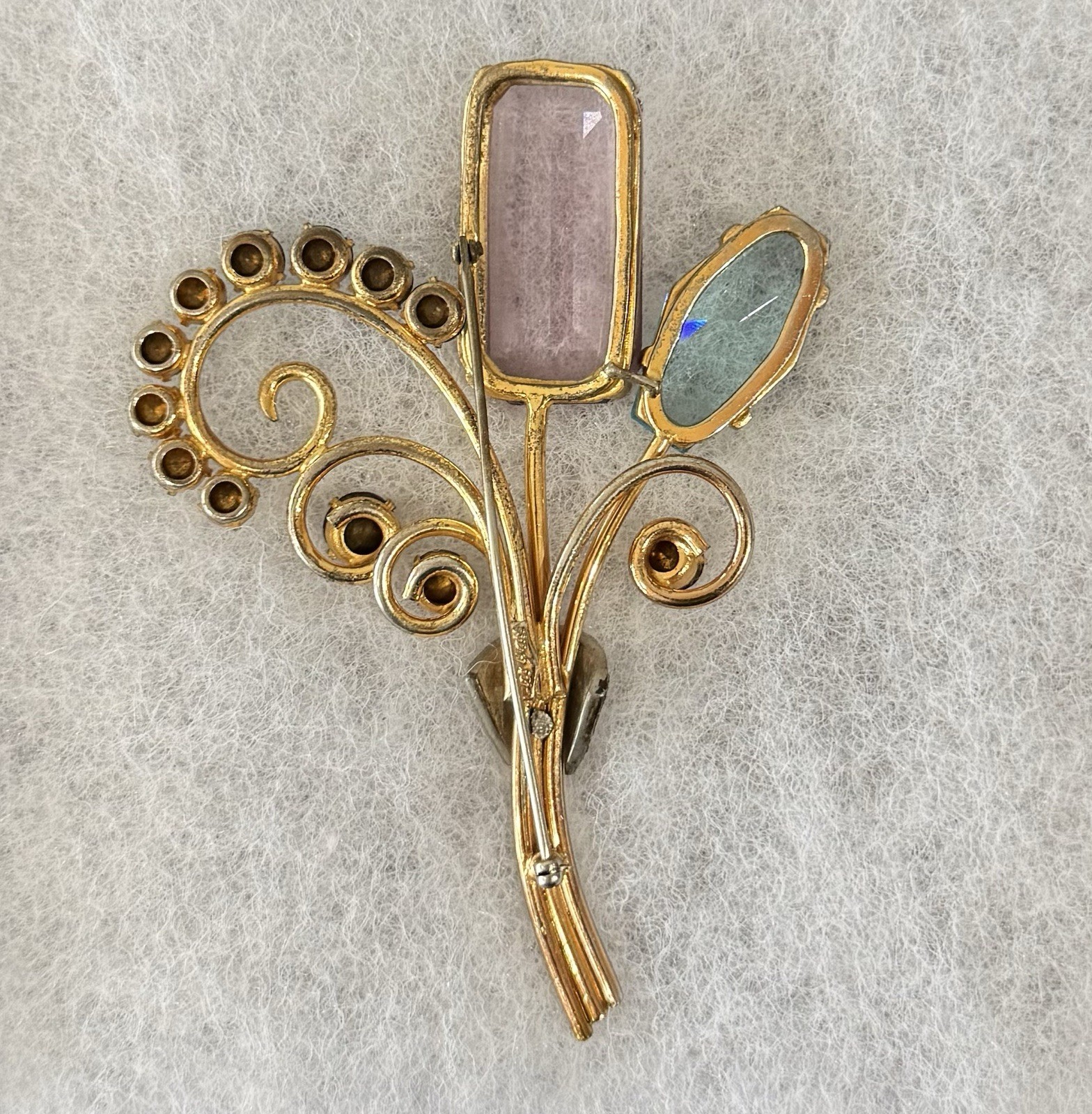 Vintage Les Glass Flower Bouquet Brooch Large Open Back Amethyst Aqua Spray HUGE