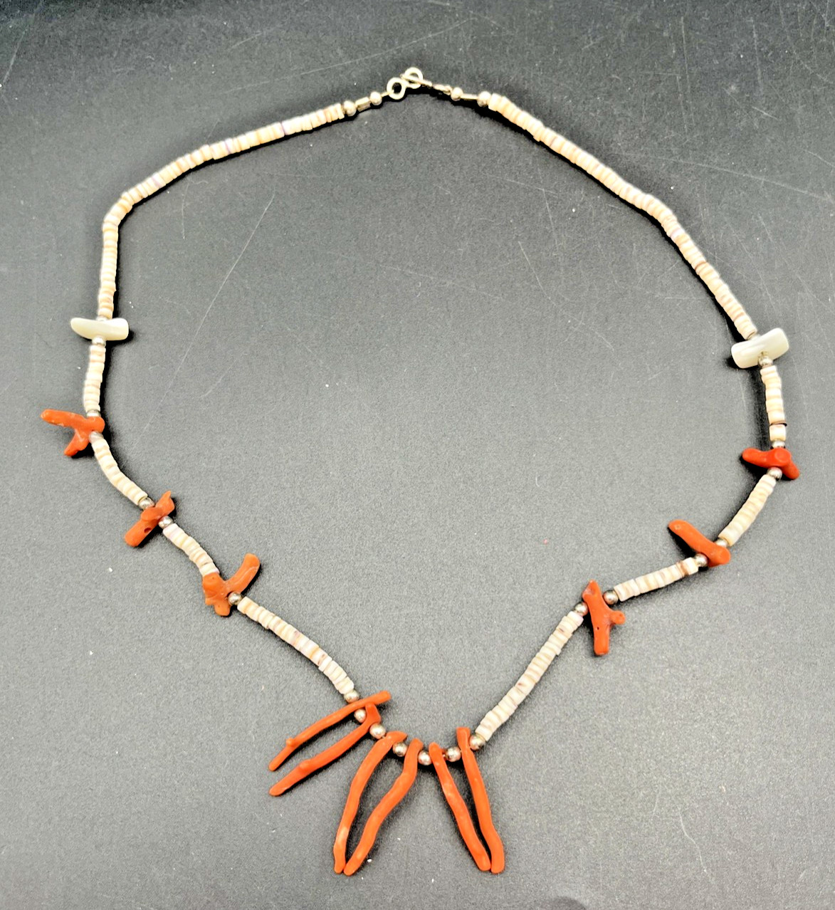 Vintage Genuine Branch Coral and Shell Bead Fetish Style Station Choker Necklace