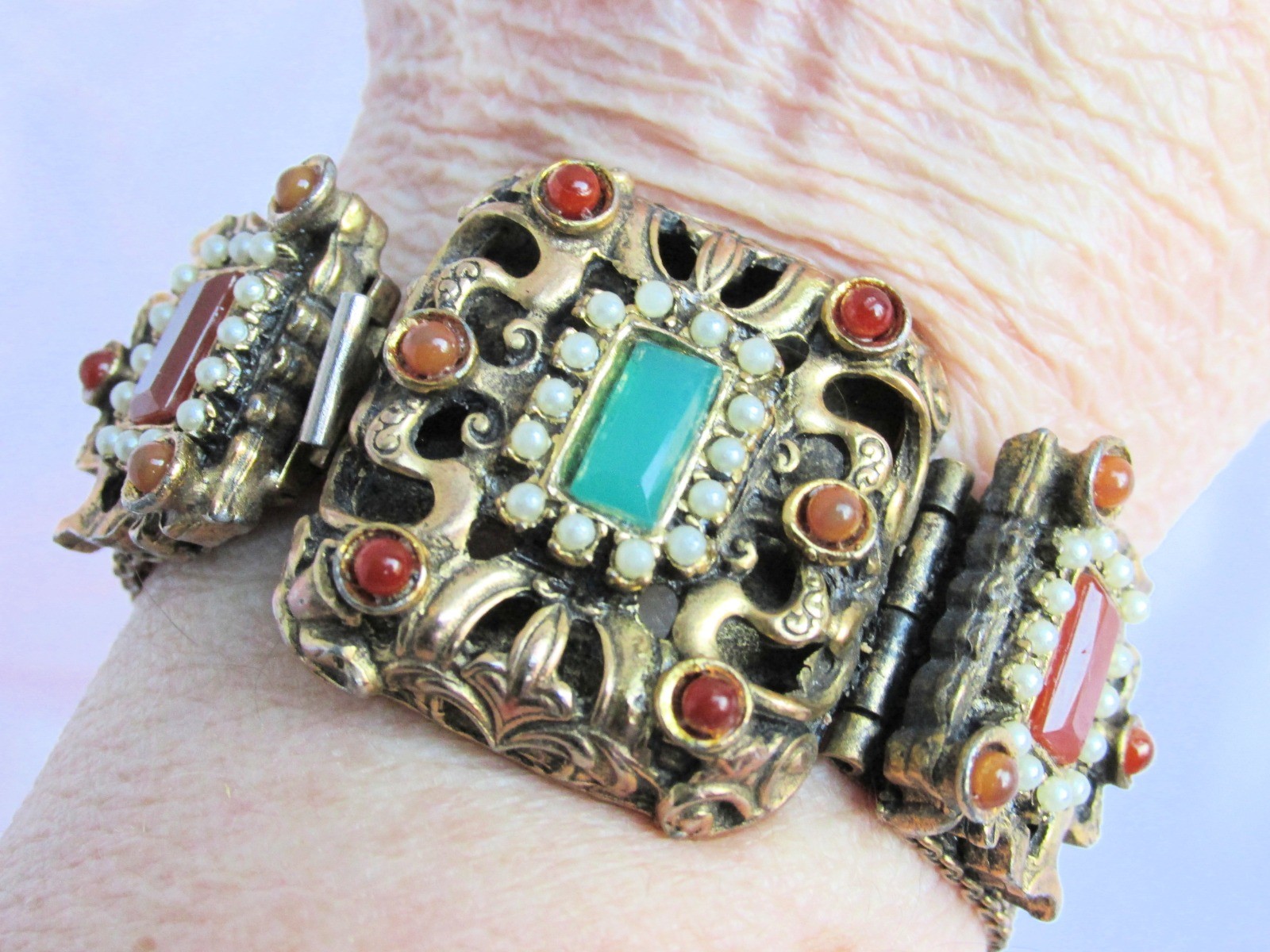 Antiqu Victorian Brass Mesh Faux Emerald Faux Carnelian Bracelet Intricate Clasp