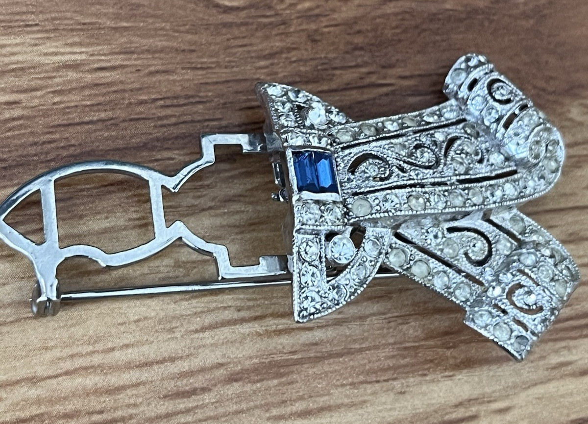 Vintage Coro Duette Bow Art Deco Silver Tone Brooch Dress Clip *Needs Repair*