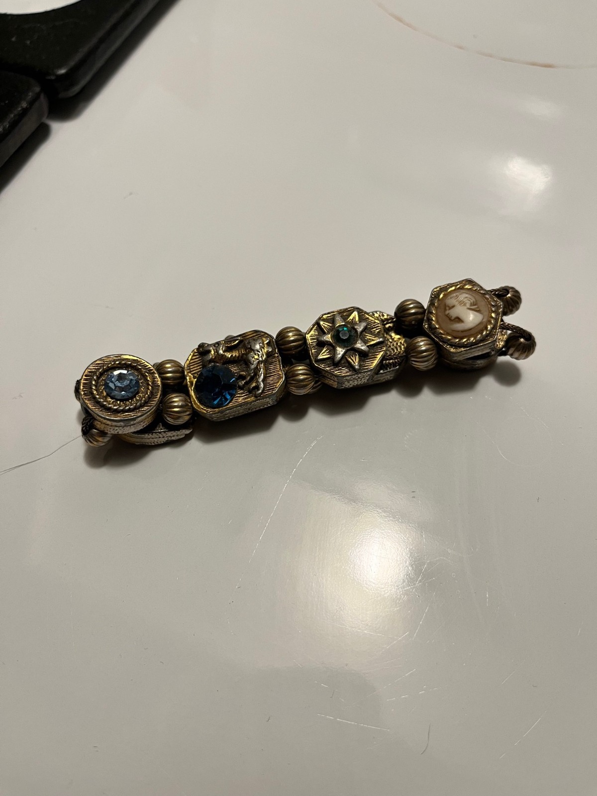 Vintage Goldette Victorian Revival Jeweled 8 Charm Slide Bracelet