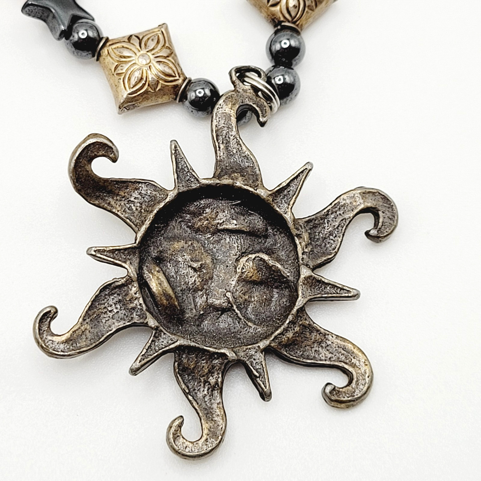 Celestial Sun Stars Black Hematine Bead Pendant Gold Tone Cone Ends Necklace