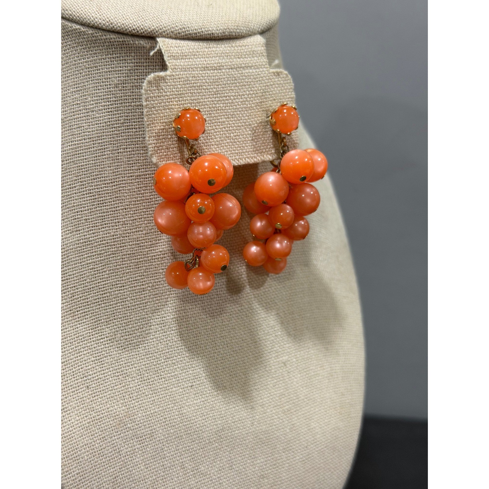 Vintage Grape Cluster Orange Moon Glow Earrings Mid-Century Clip-On