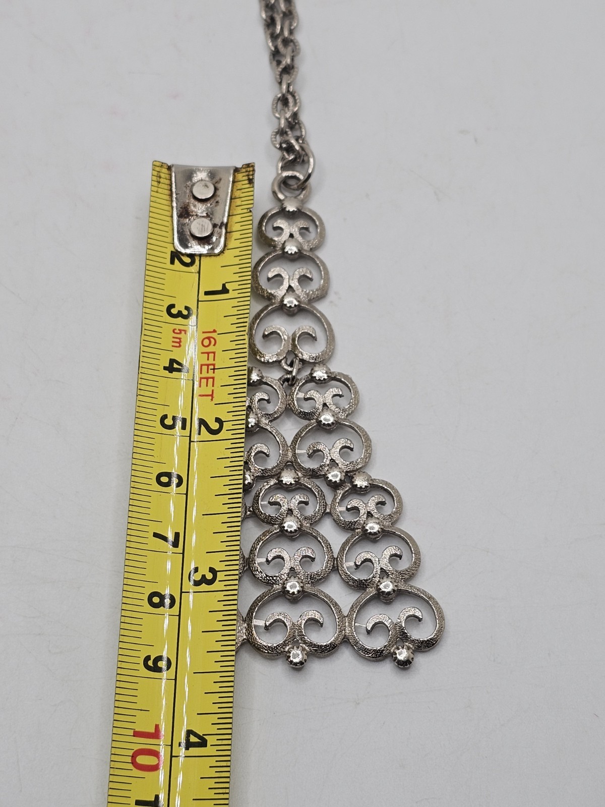 Vintage Brutalist Scroll Tree Pendant Necklace Silvertone Textured Chain