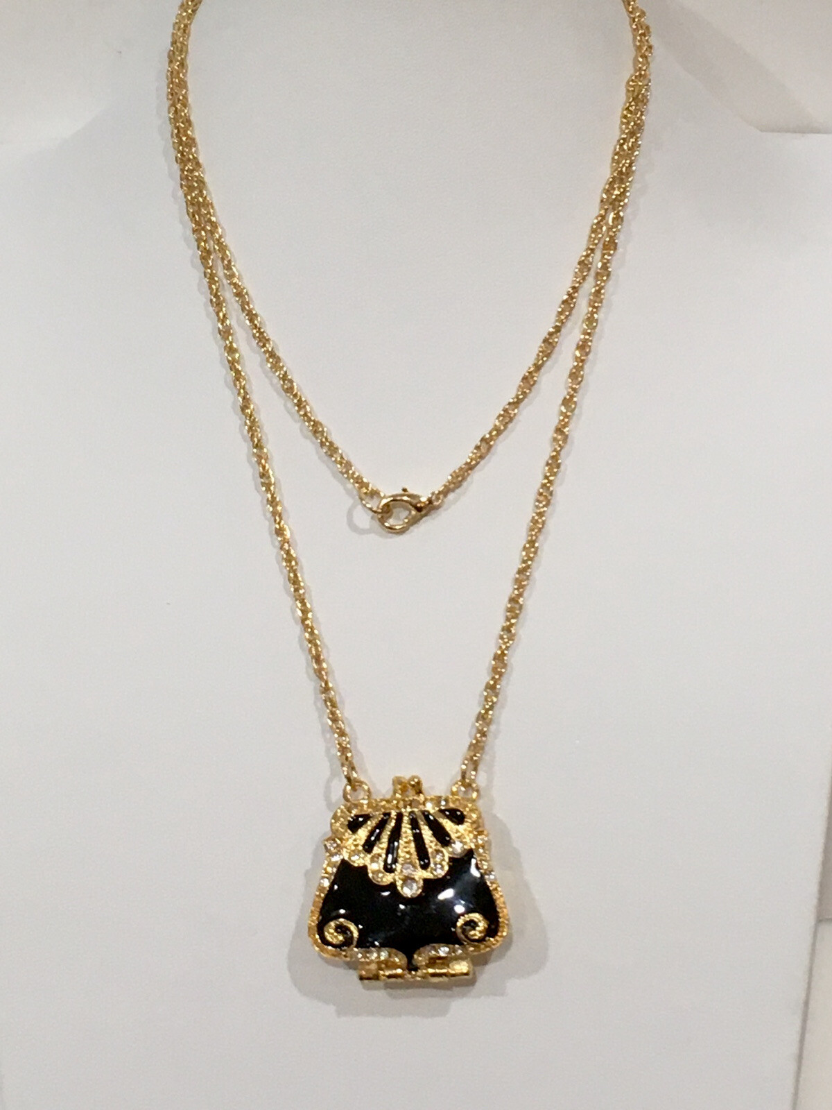 Vintage Black Enamel Crystal Purse Locket Necklace 32” Pendant New Gold Plated