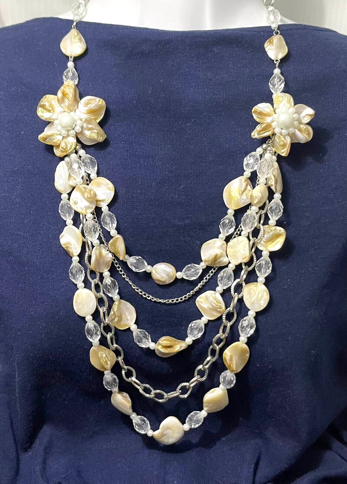 Seashell Statement Multi Strand Necklace Mother of Pearl Beads Flower Pendants