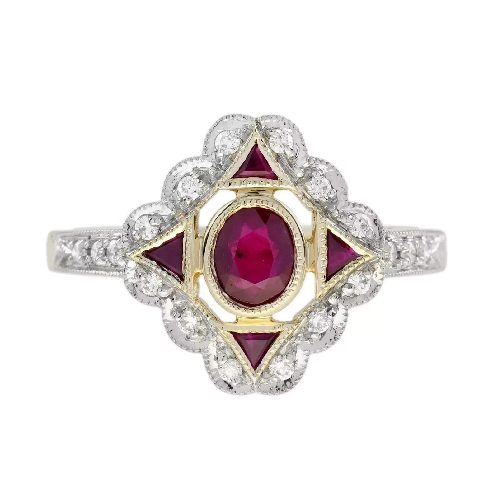 Art Deco Style Red Ruby & Lab Created Diamond Wedding Ring 14K White Gold Finish