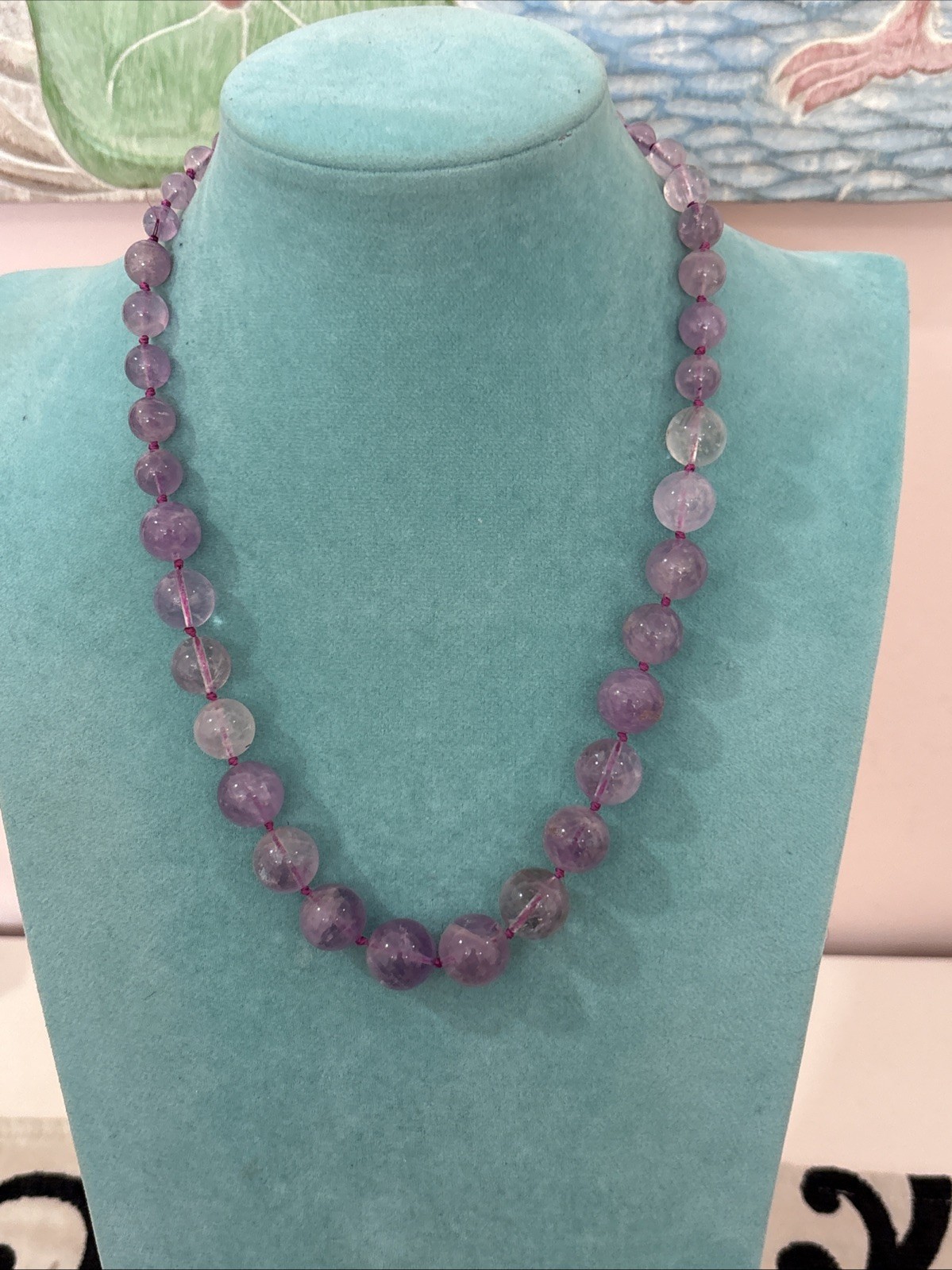 Vintage Chinese Export Sterling Silver Clasp Hand Knotted Amethyst Necklace 20″