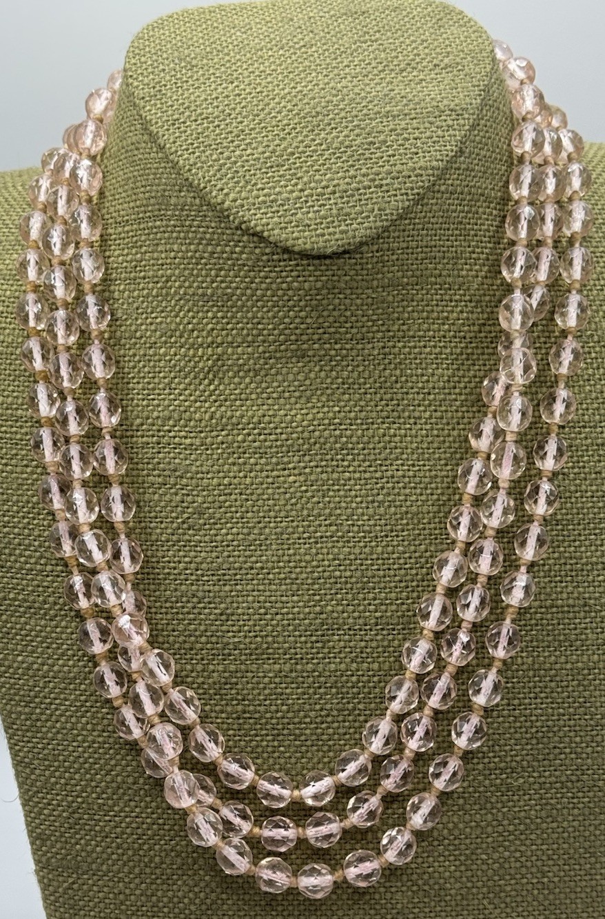 Vintage 30’s No Clasp Hand Knotted Art Deco Pink Crystal Necklace