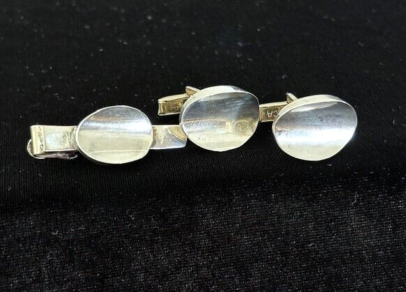 VTG Signed TAXCO MEXICO Sterling 925 Modernist Cuff Links Tie Clip Set 12.2 G