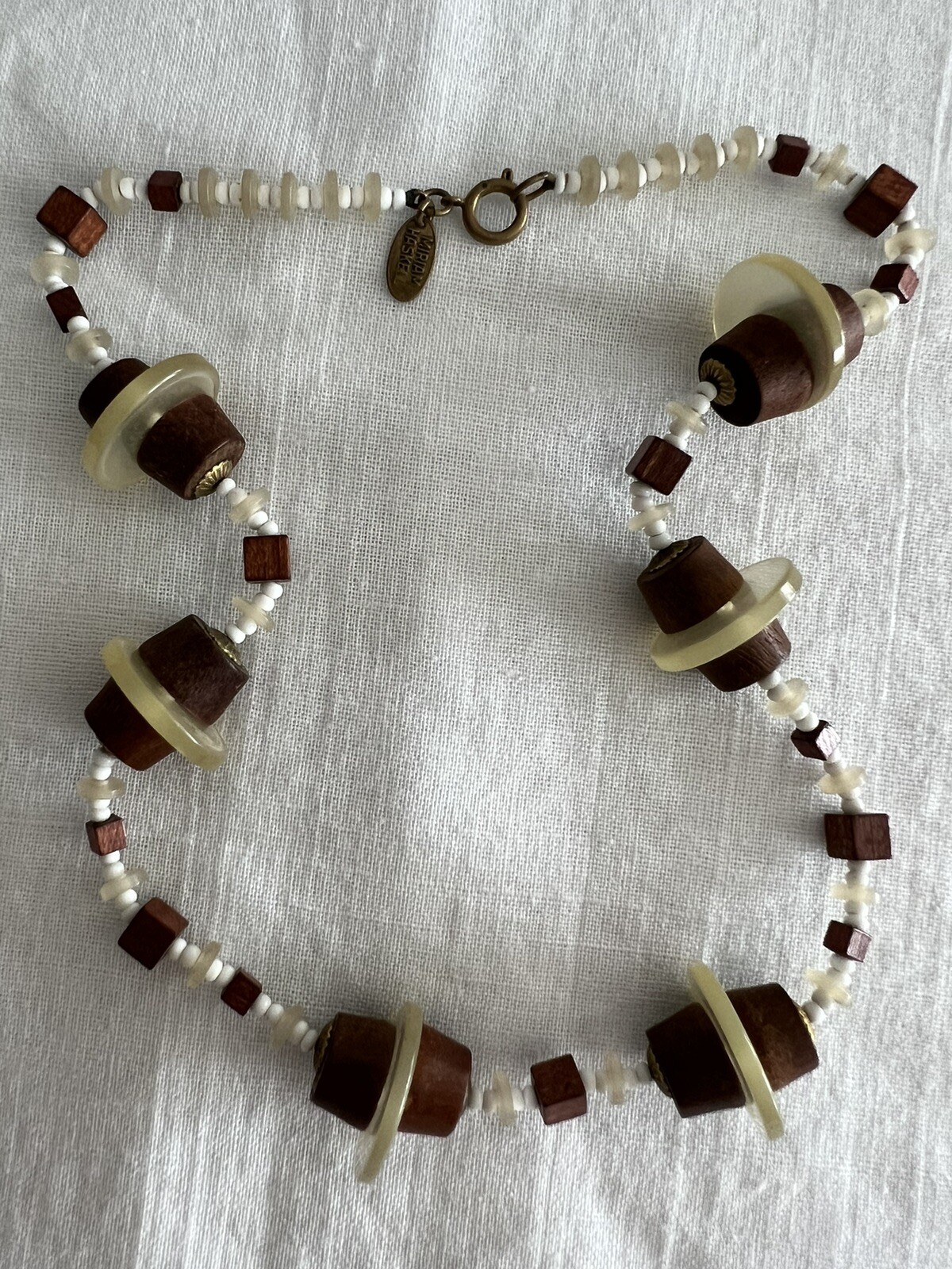 Vintage MIRIAM HASKELL Seed Bead, Wood and Lucite Disc Necklace Signed 19″ Long