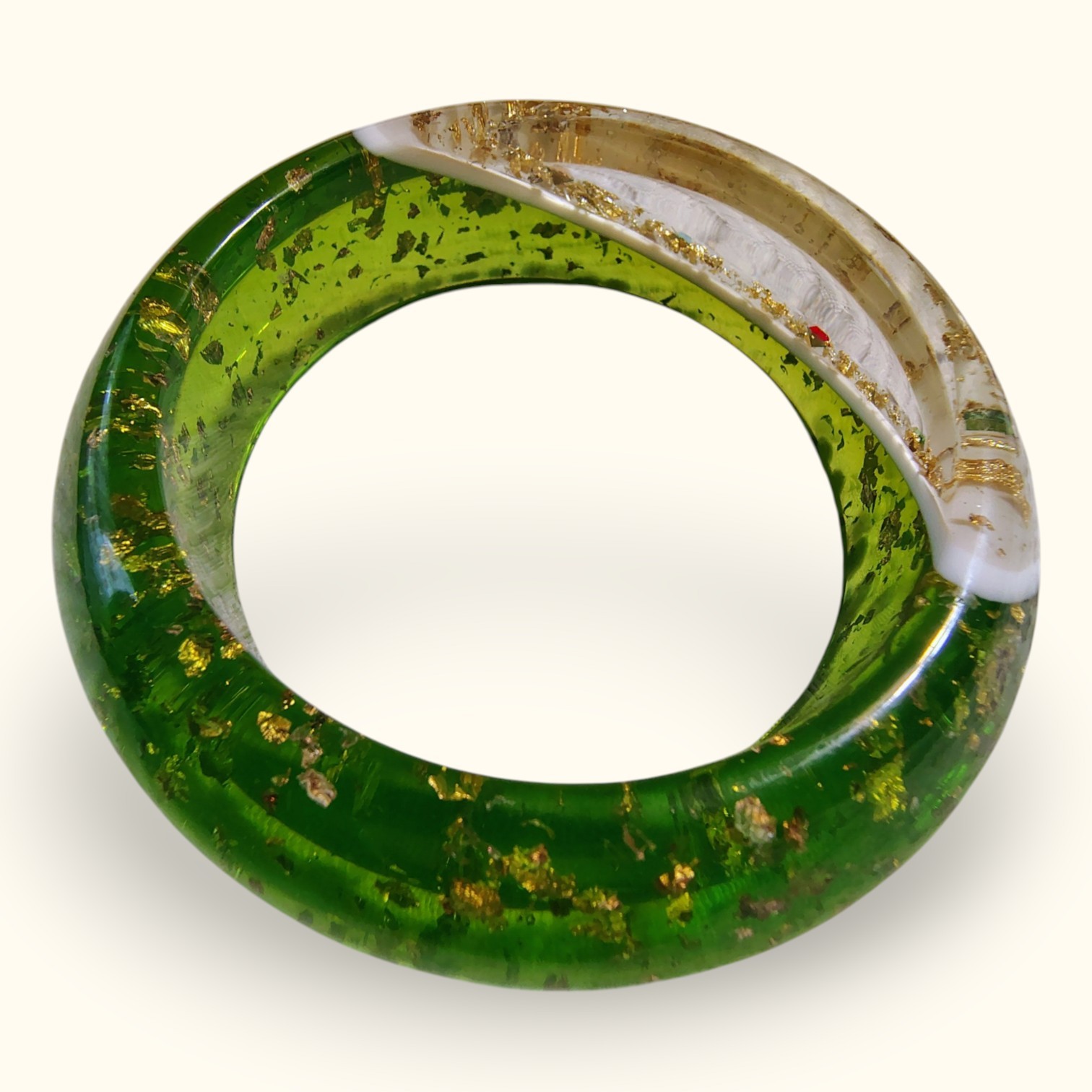 1950s Confetti Lucite Bangle Chunky Atomic Apple Green w/ Gold Foil Bracelet…