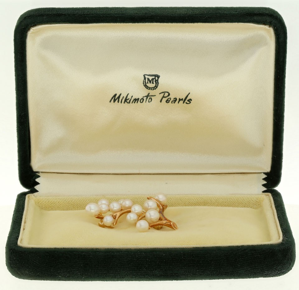 Vintage Estate Mikimoto Pearl Tree Of Life Pin Brooch 14K YG 1 ⅜” Long + Box