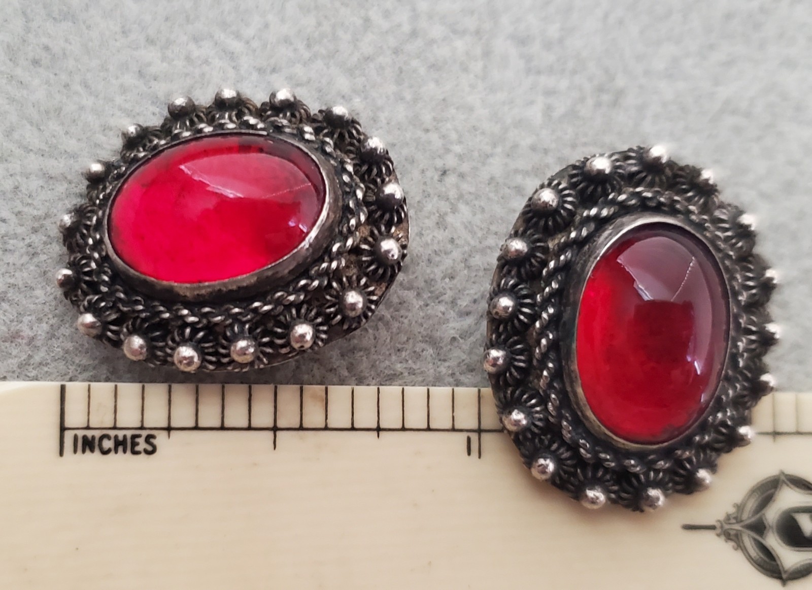 Vintage Antique Chinese Export Ruby Red Peking Glass Silver Cannetille Earrings