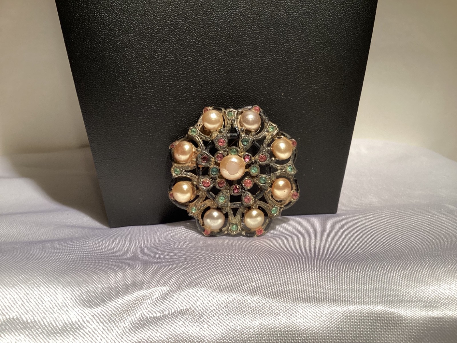 VTG Brooch Pin Signed NE New England Glass Works Pearl Filigree
