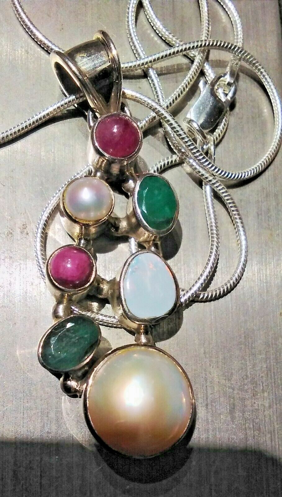 Unique Sterling Silver Opal Ruby Emerald Pearl One Of A Kind Pendant w Chain