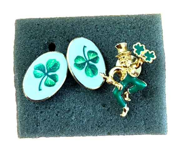 Avon Leprechaun Pin & Shamrock Pierced Earrings
