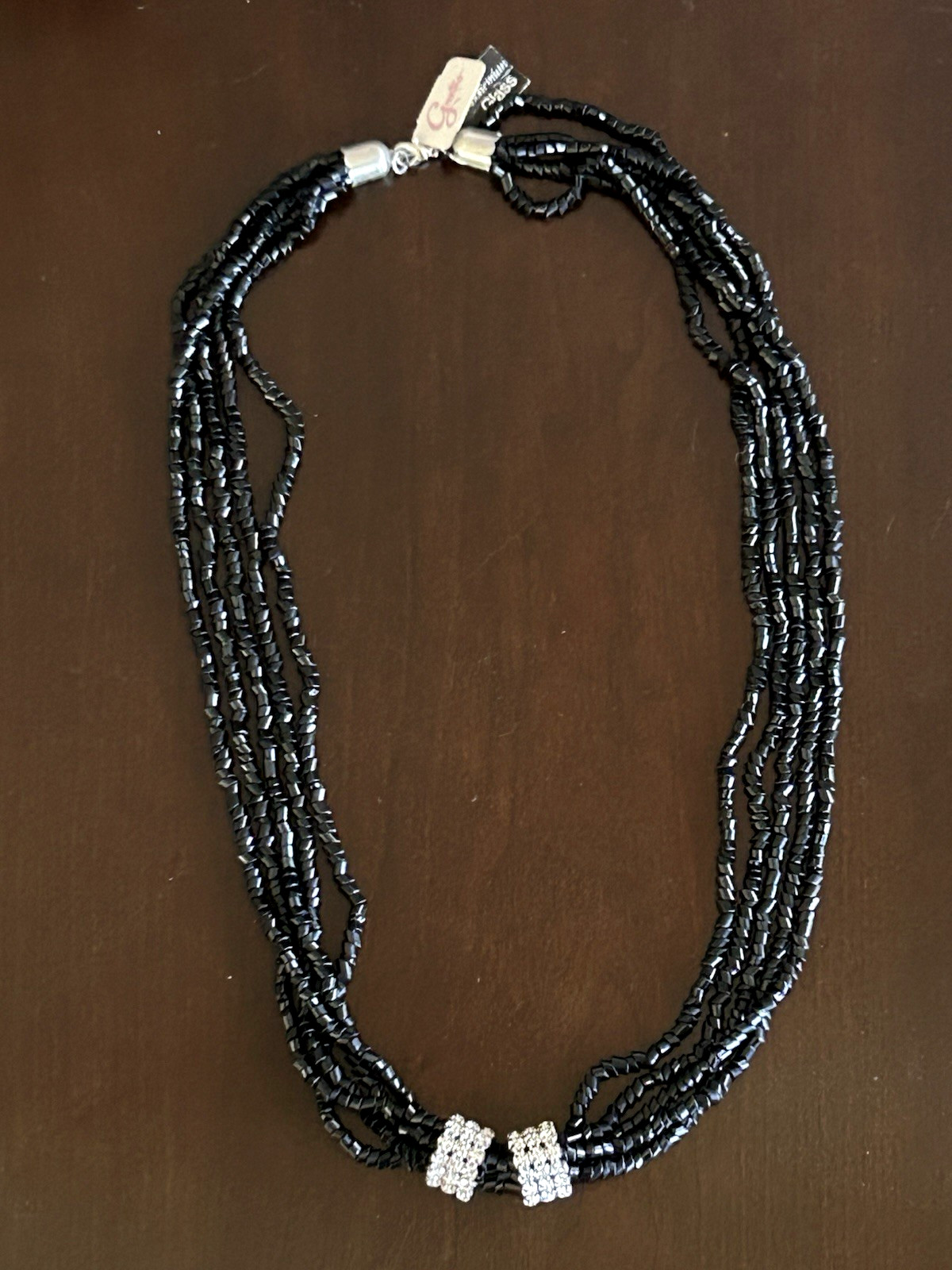 Vintage Black Glass Necklace Multi Five Strand Rhinestone Wrap Gantos Orig Tag