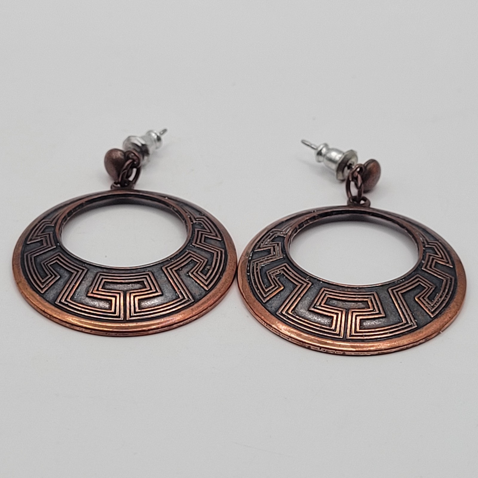 Vintage Sunbell Circle Copper Color Metal Dangle Drop Hoop Earrings Southwest