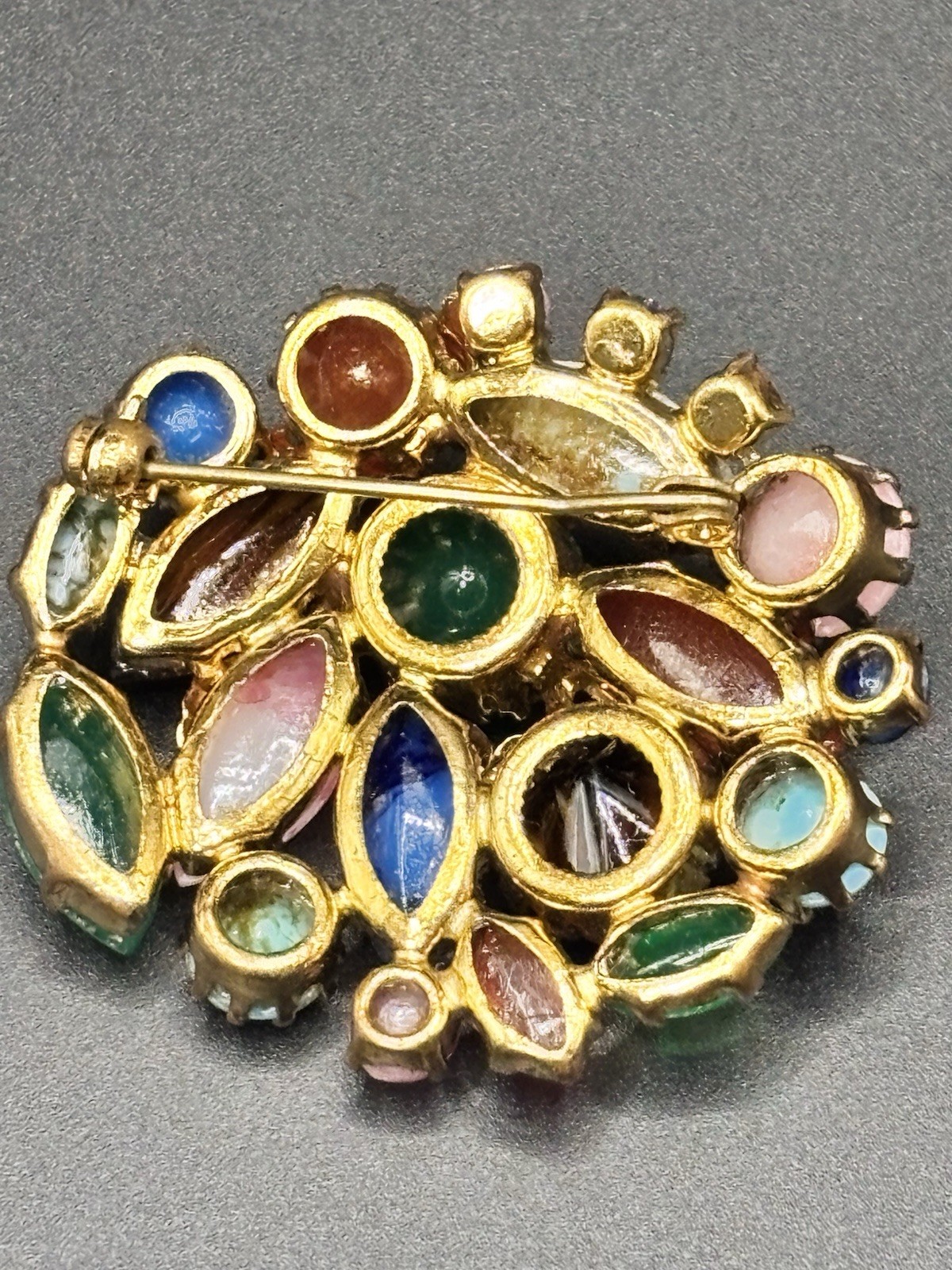 Vintage Czech Glass Multicolor Multi Shape Rhinestone Brooch Gold Tone Leaves