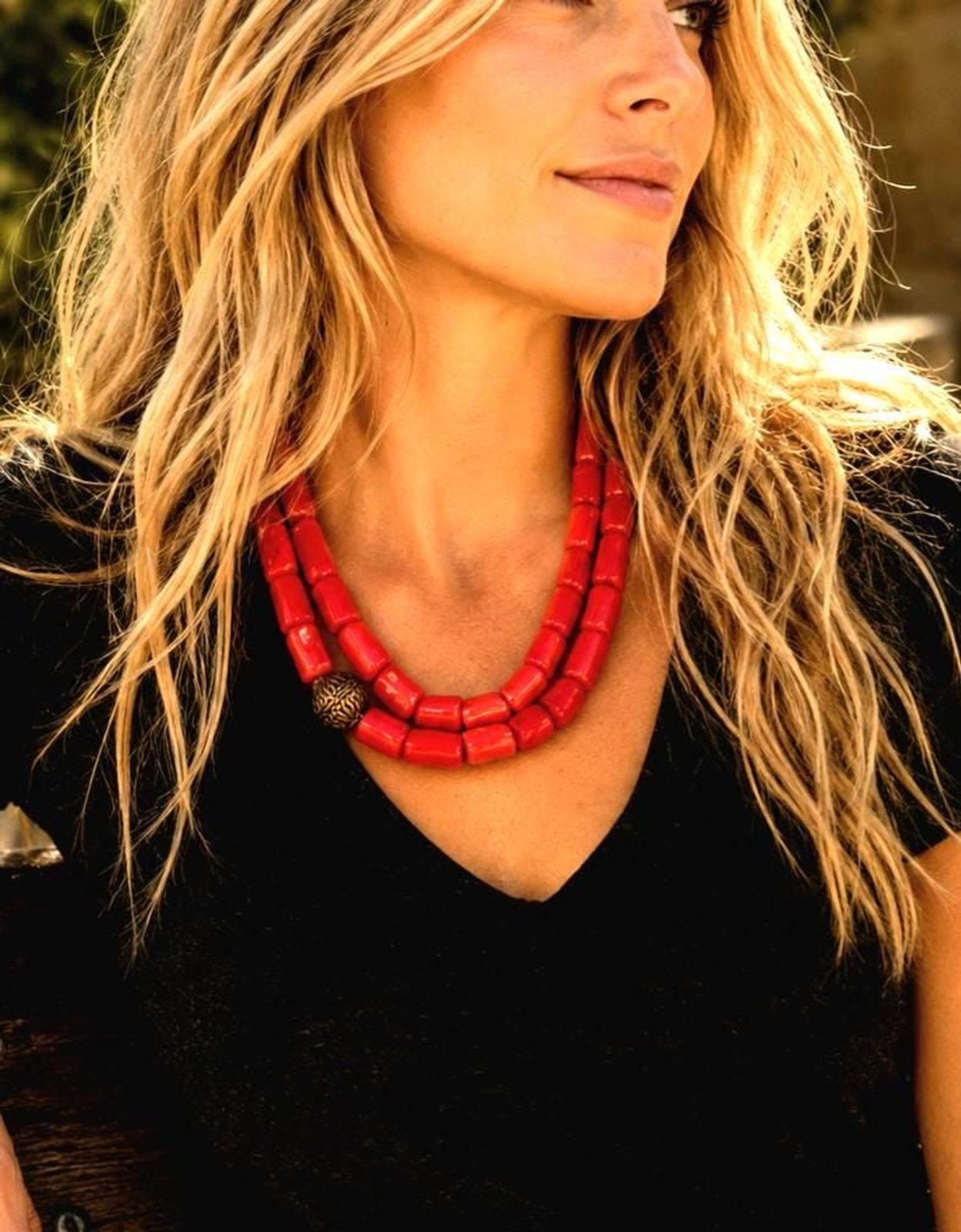 Barse Genuine Sea Bamboo Red Coral Double Strand Statement Necklace Southwestern