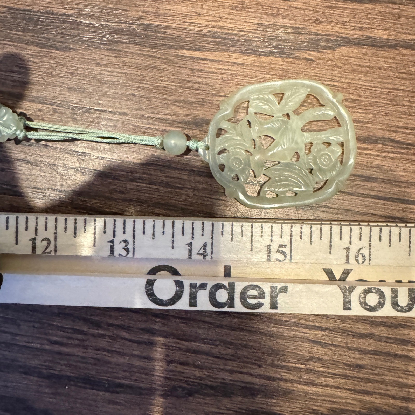 Vintage Pendant Necklace Hand Carved Celadon Jadeite Openwork Silk Roping 37g