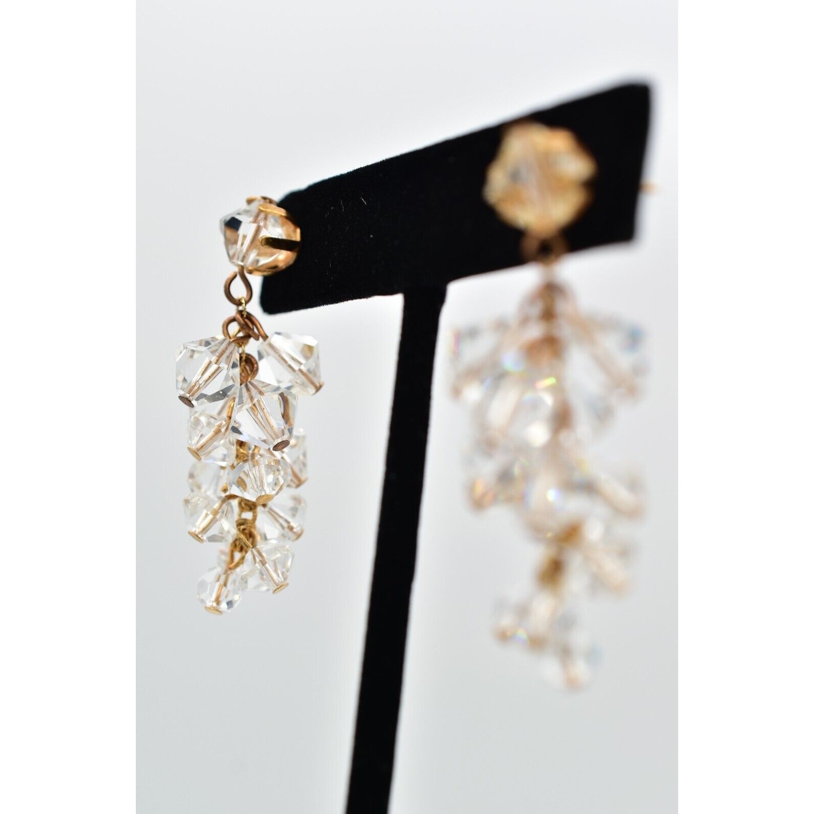 Vintage Clear Austrian Crystal Earrings Dangle Cluster Chain Drop Glam 1950s A24