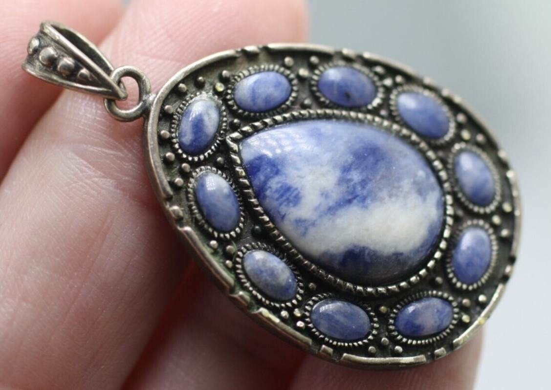DBJ Sterling Silver 925 blue lapis cabochons tear drop shaped pendant 1 5/8″