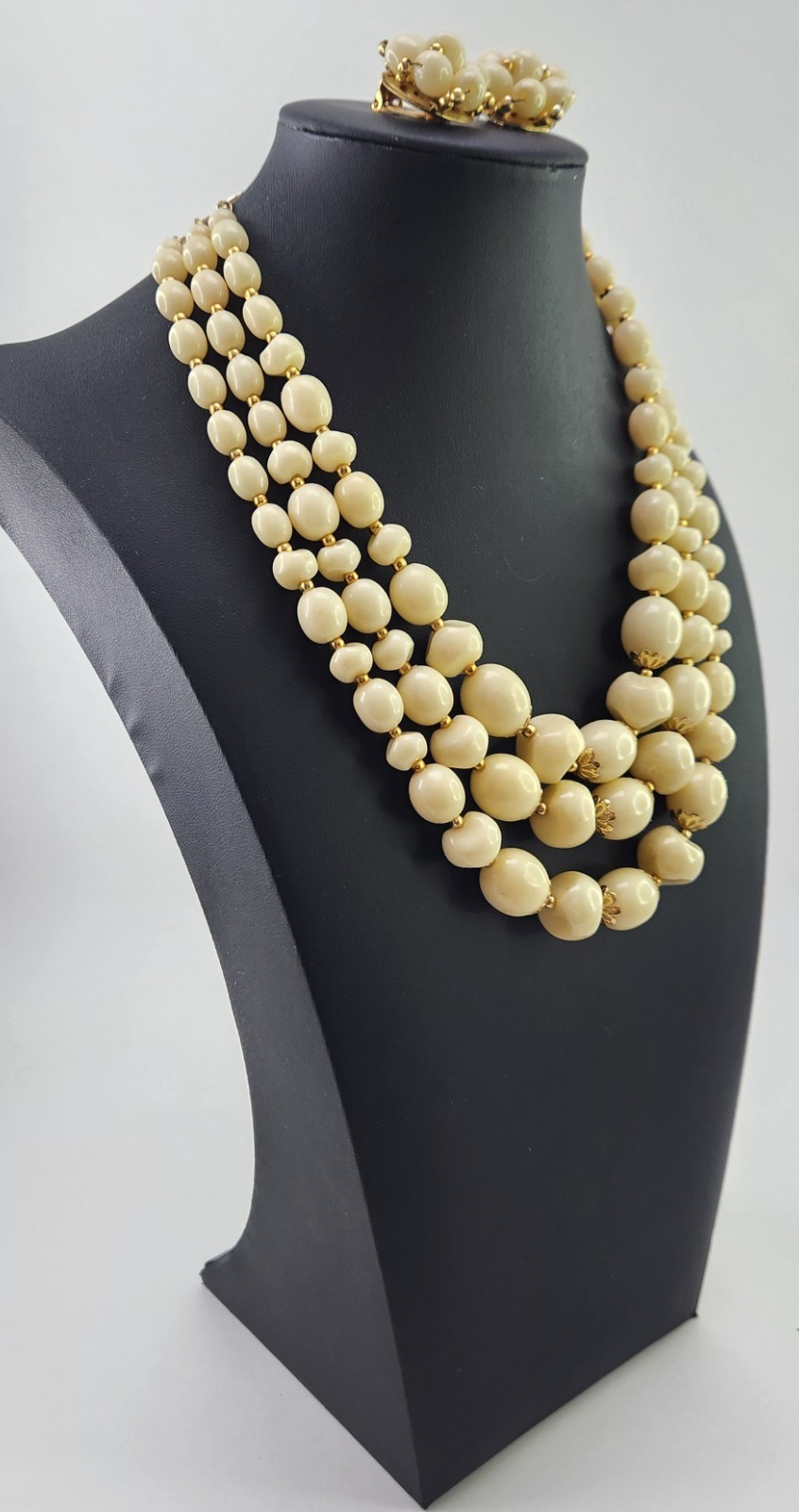 3 Strand Ivory and Gold Acrylic Bead Necklace Clip Earrings Set 1950s Hong Kong