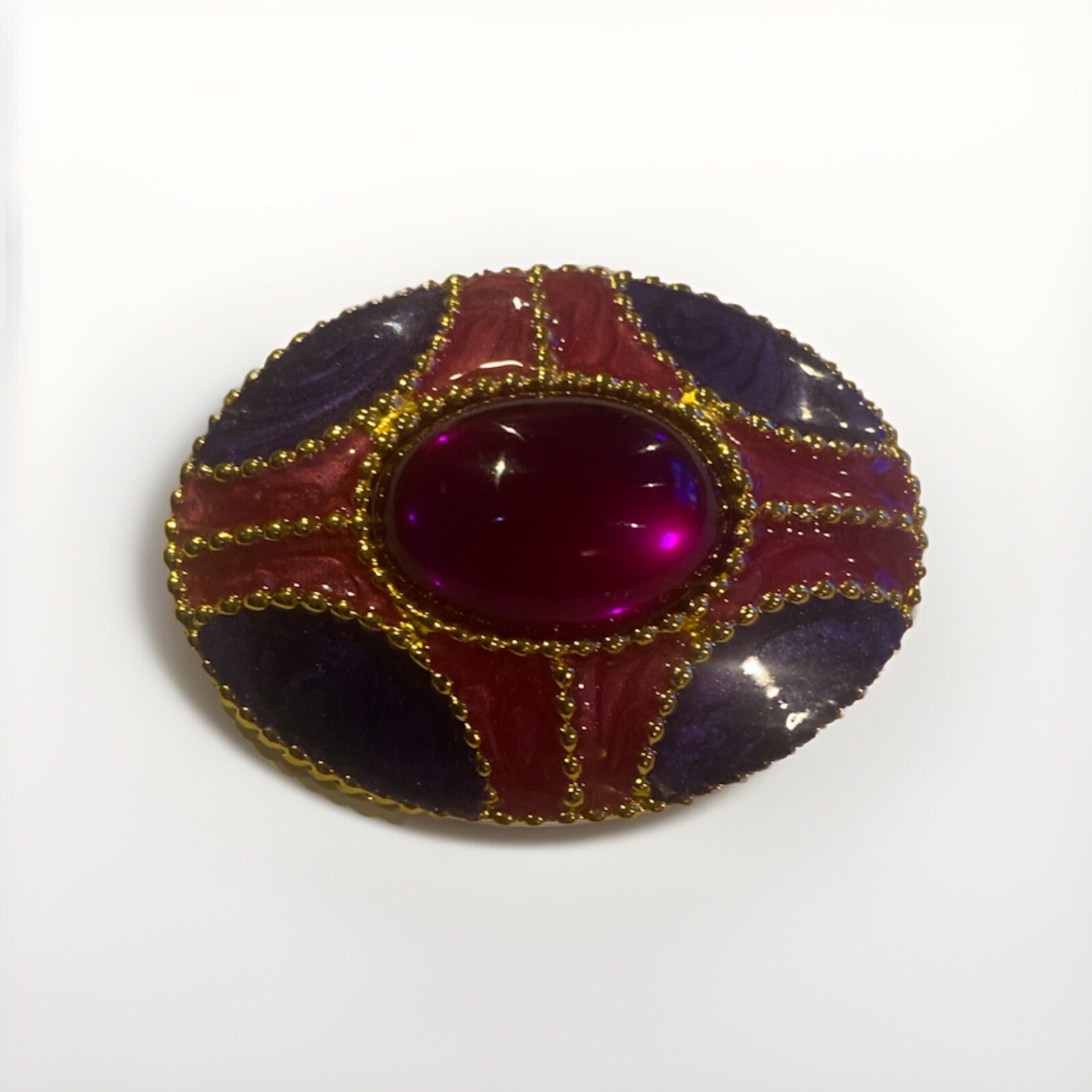 Vintage Gripoix Pink Cabochon W/ Purple Pink Enamel Oval Golden Brooch 2”