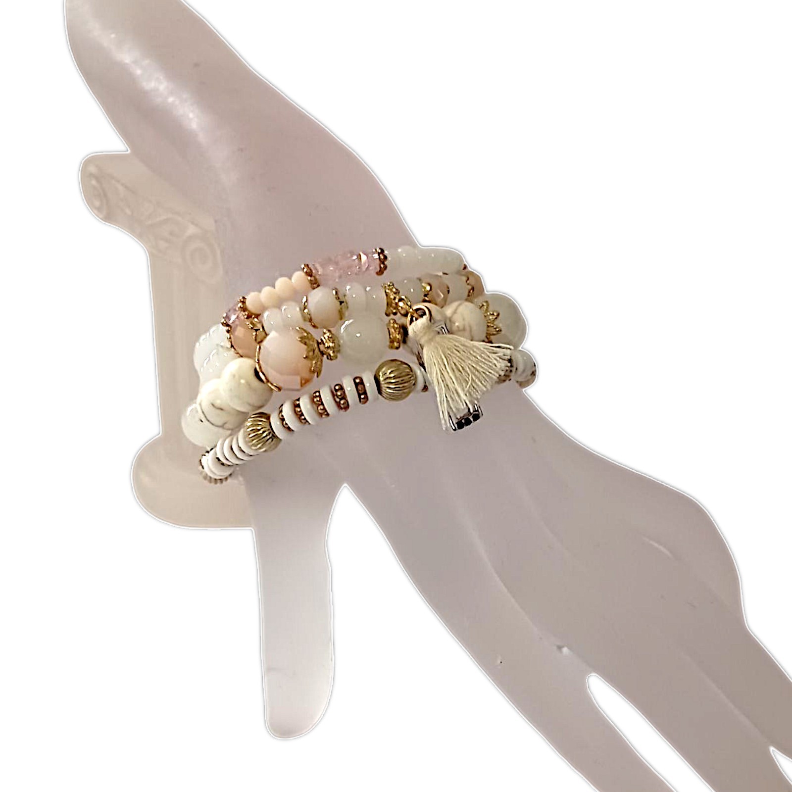 Y2K Multi Strand Beaded Bracelet Glass Stacked Floral Neutrals Fairy Indie Boho