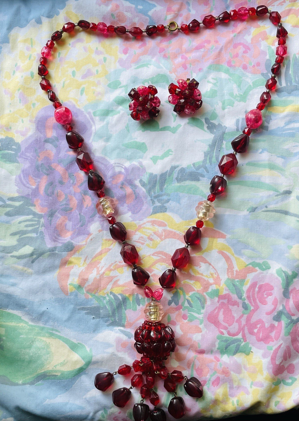 Vintage Signed Germany Necklace And Earring Set Red And Pink Acrylic Beads 1940s